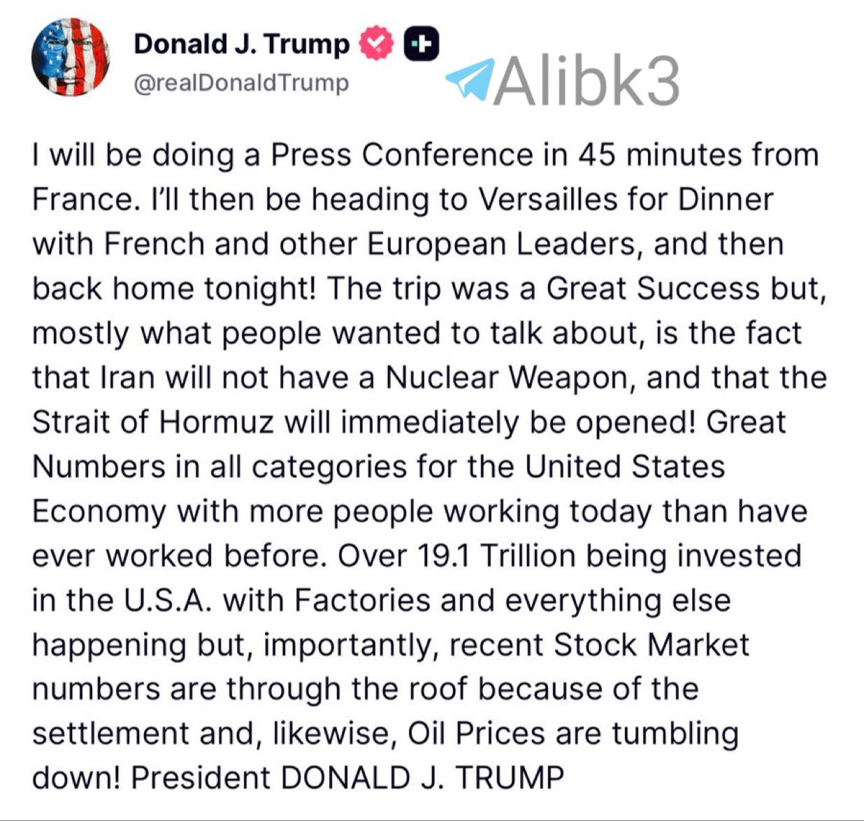 Trump claims trip success and says Iran won’t get nukes, Hormuz will open