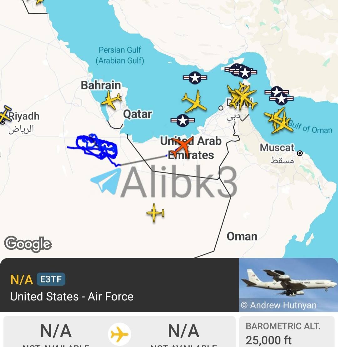 Nine Refueling Jets Over Gulf States Near Iran, E-3 Over UAE