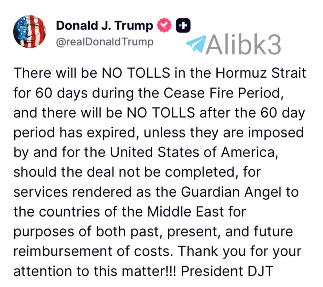 Trump Says No Toll Fees for Strait of Hormuz During Ceasefire