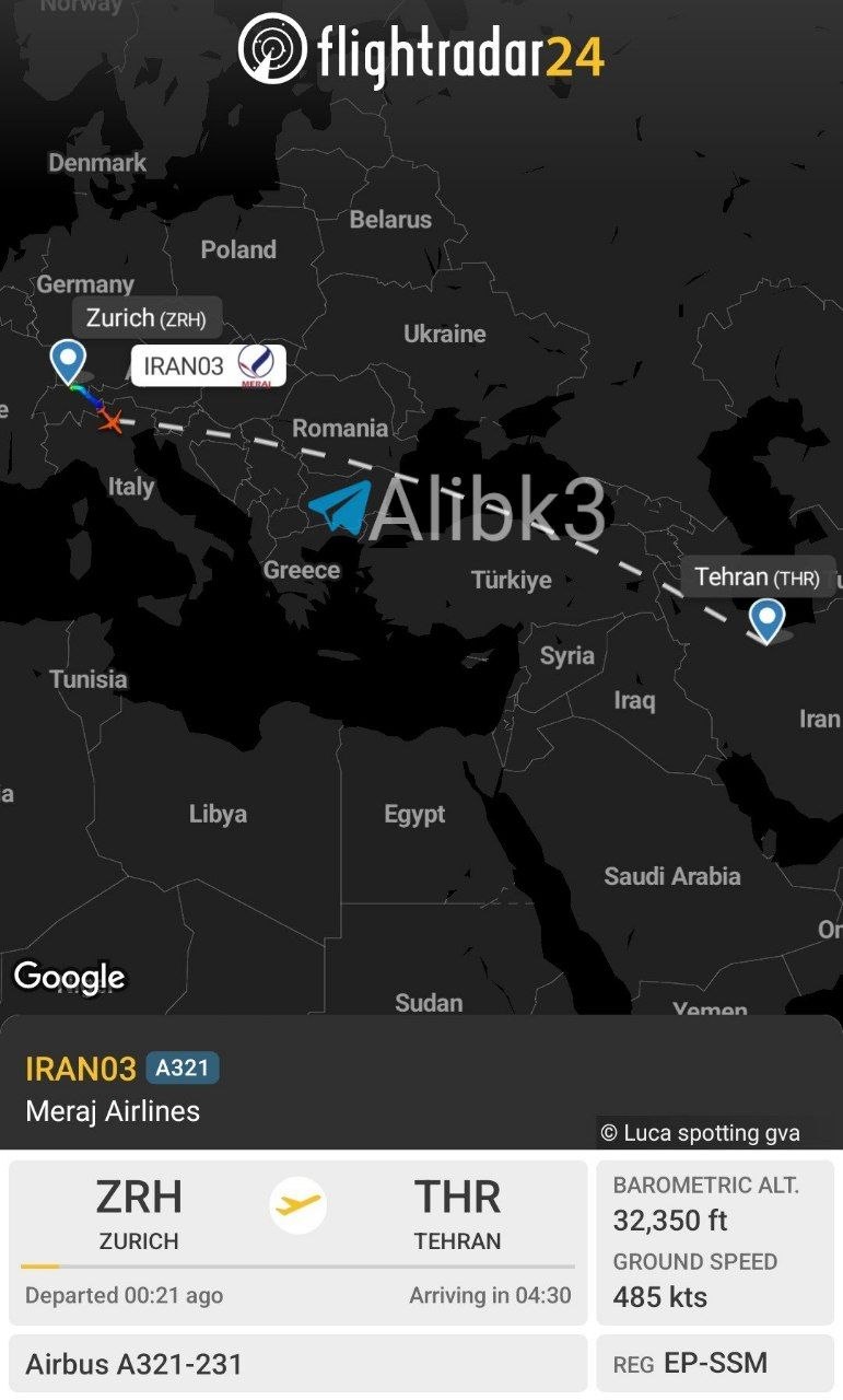 Iranian Mirage Air Flight Heads from Zurich to Tehran with Delegation