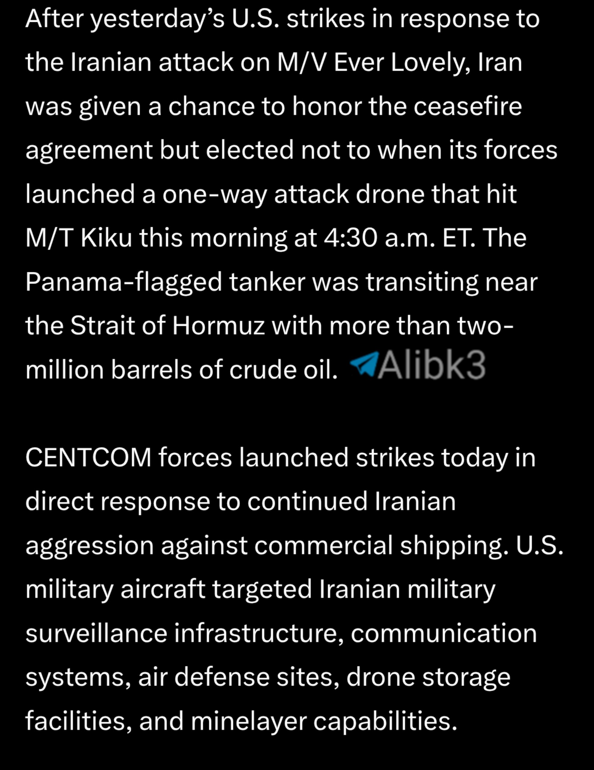 US Central Command Announces Targeting of Military Infrastructure