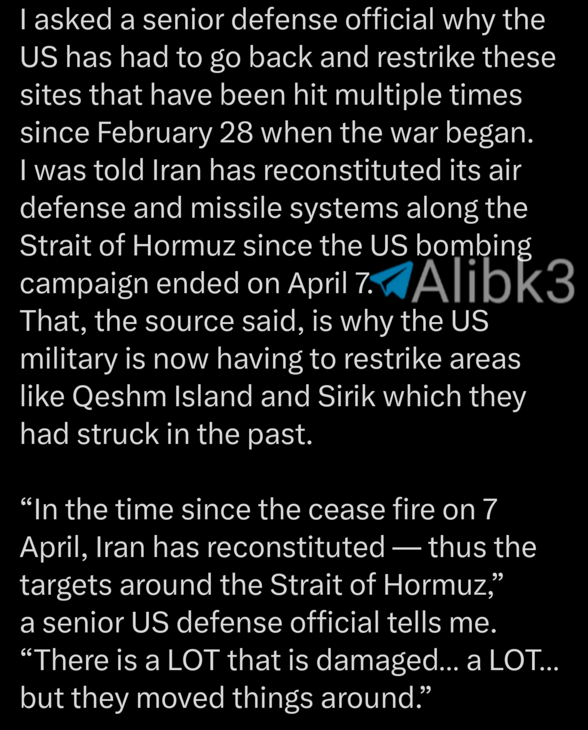 US Official Blames Iran's Rebuilt Air Defenses