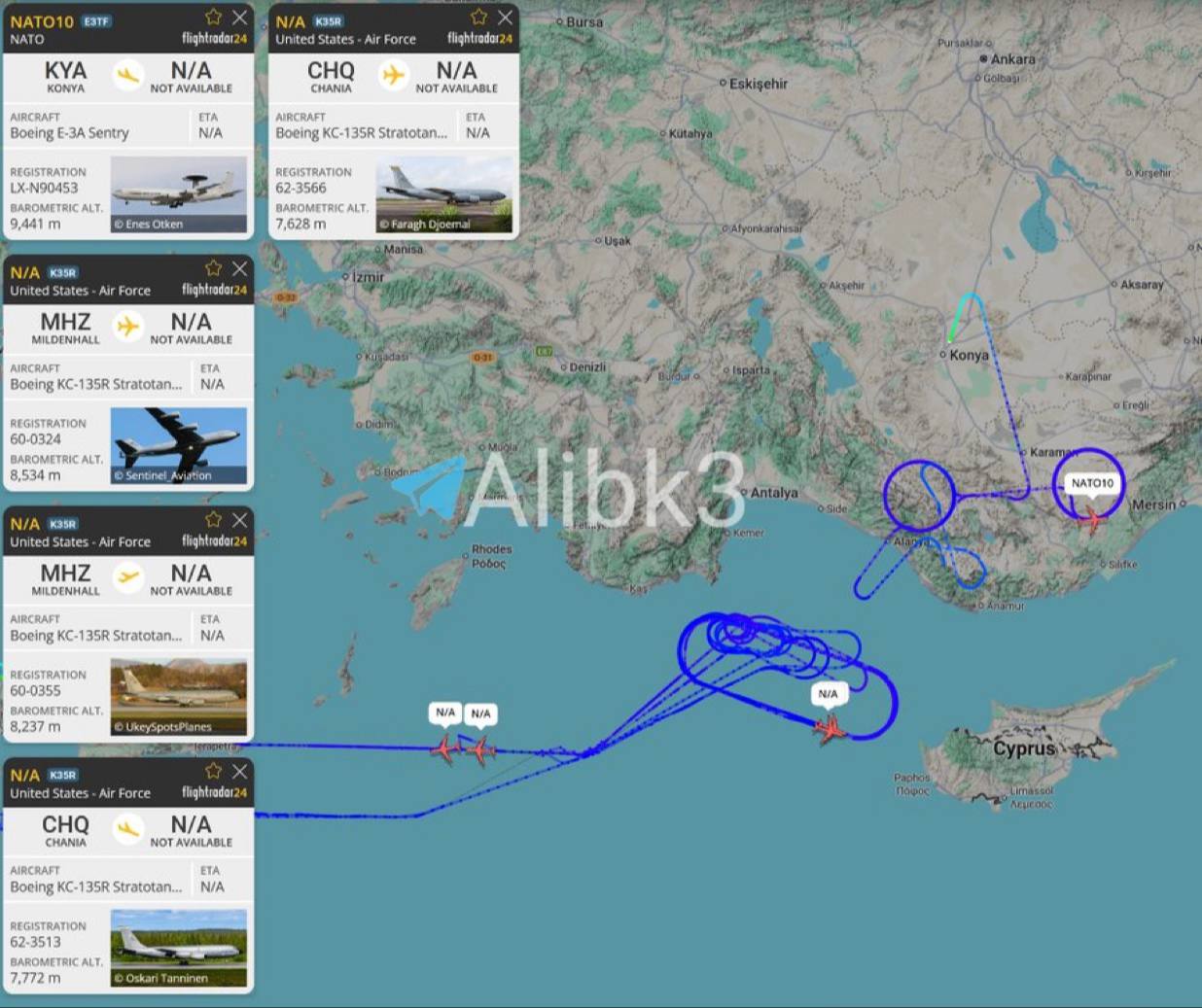 US E-3A Sentry and Four Refuelers Detected