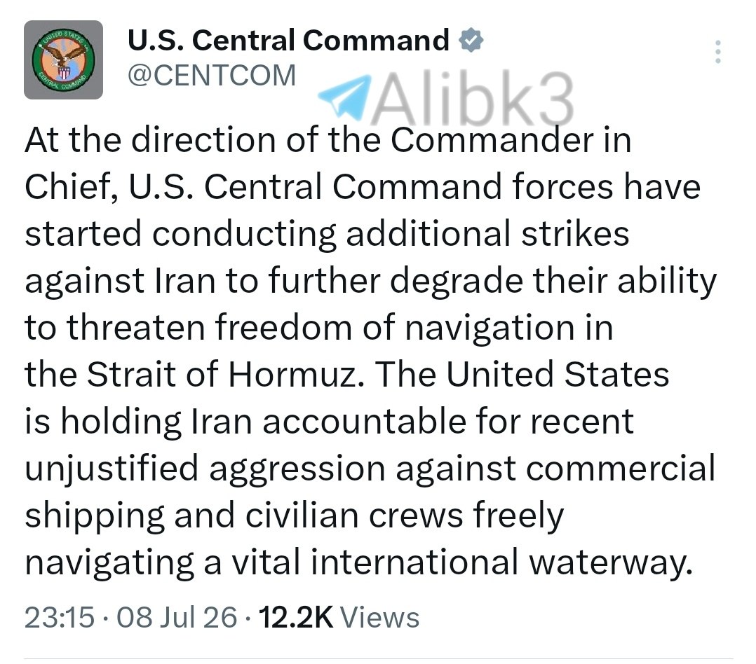 US Central Command Announces Strikes Against Iran