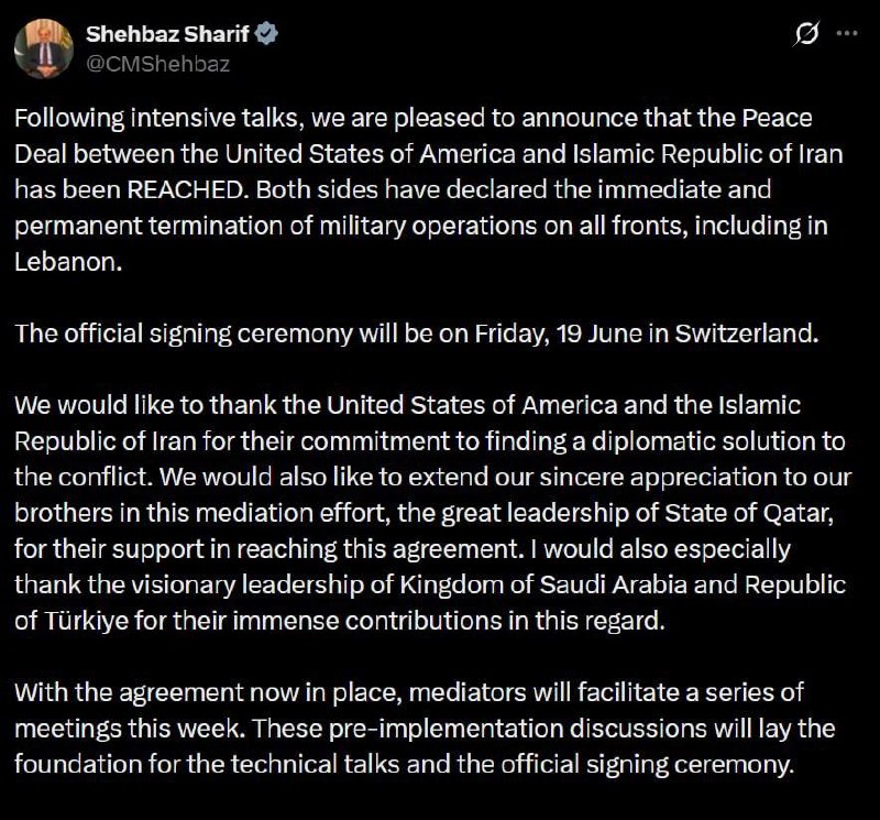 Pakistan Says Iran-U.S. MoU to Be Signed June 19 in Geneva