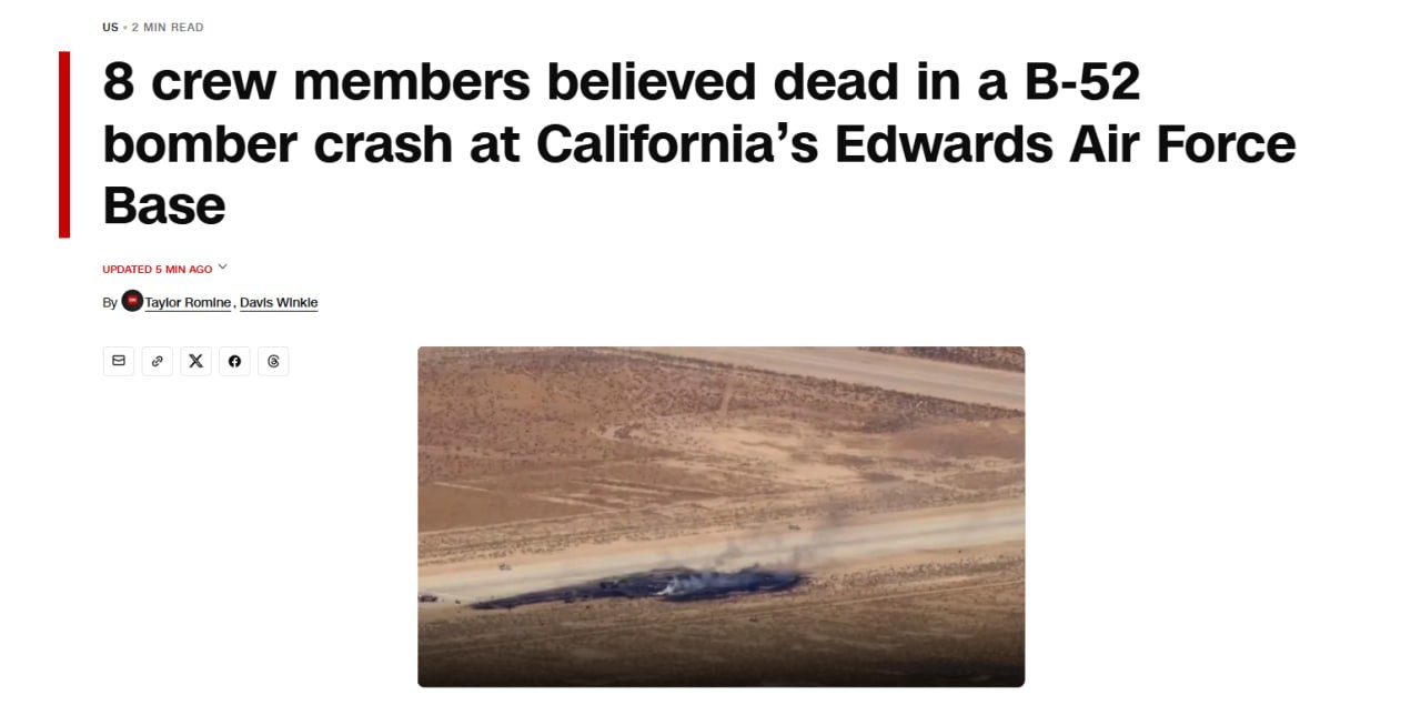 Eight Crew Members Likely Killed in B‑52 Crash at Edwards AFB