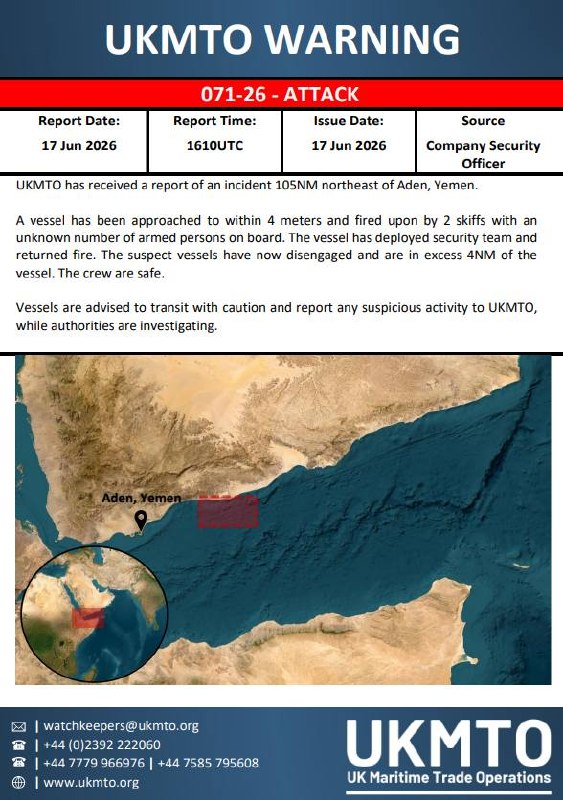 UKMTO Reports Vessel Attack Off Yemen Coast