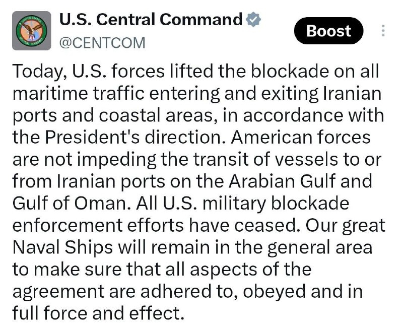 US Central Command Says Naval Blockade of Iran Has Ended