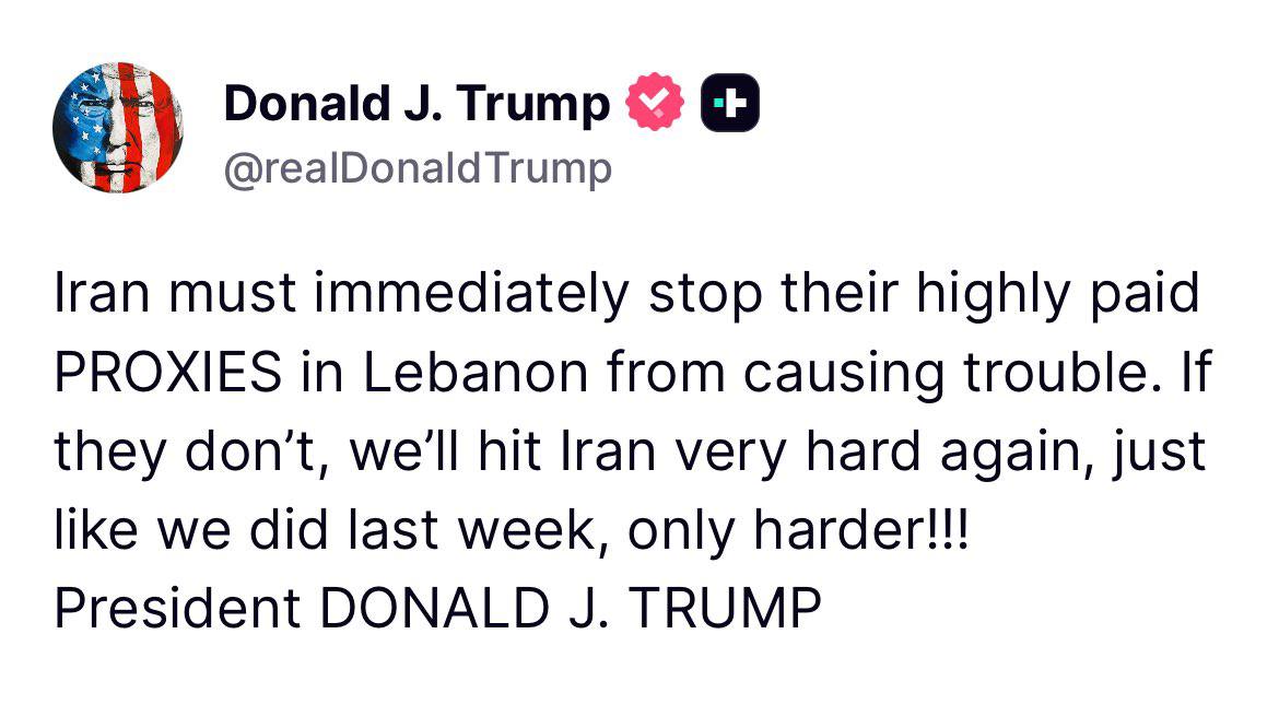 Trump threatens Iran over Lebanese proxies on Truth Social