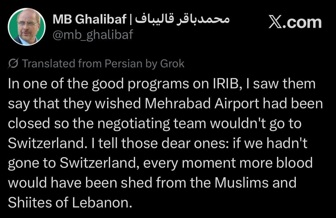 Iranian Speaker Qalibaf Defends Switzerland Trip, Says It Prevented More Bloodshed in Lebanon