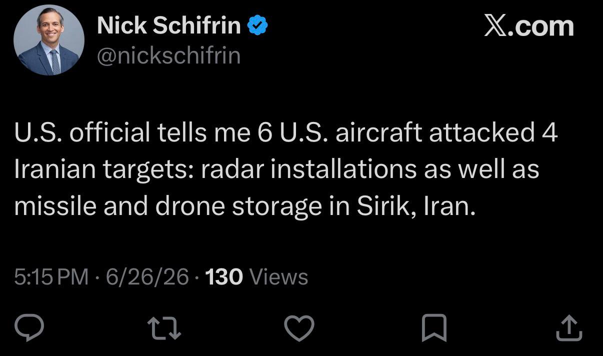 US aircraft hit four Iranian sites in Sirik