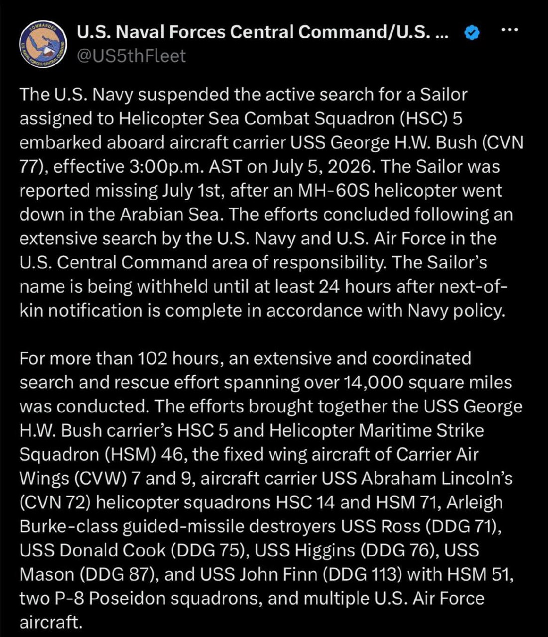 US Navy Helicopter Crash Claims One Sailor in Arabian Sea