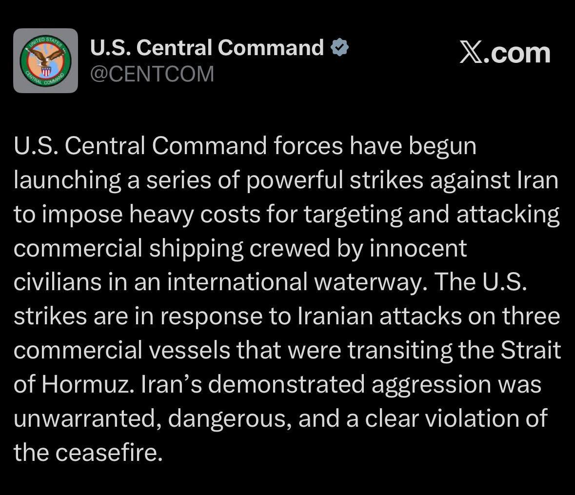 U.S. Launches Strikes Against Iran Over Shipping Attacks in Strait of Hormuz