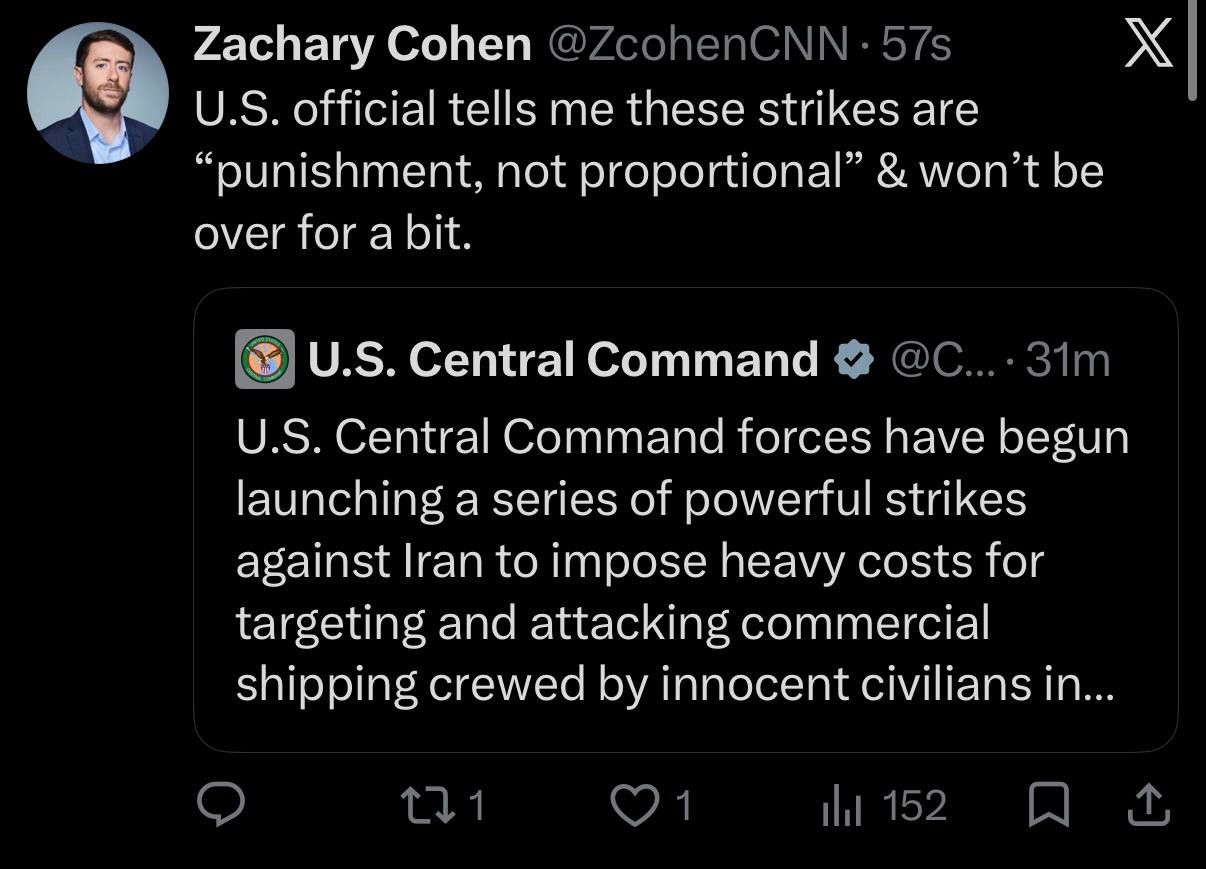 US Strikes on Iran to Continue, Designed as Punishment Not Proportionate Response