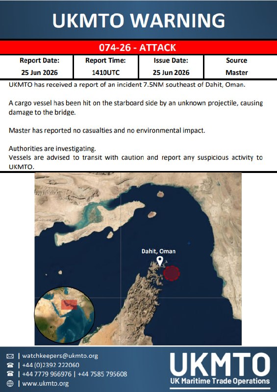 UKMTO Warns of Maritime Attack After Projectile Hits Ship Near Oman